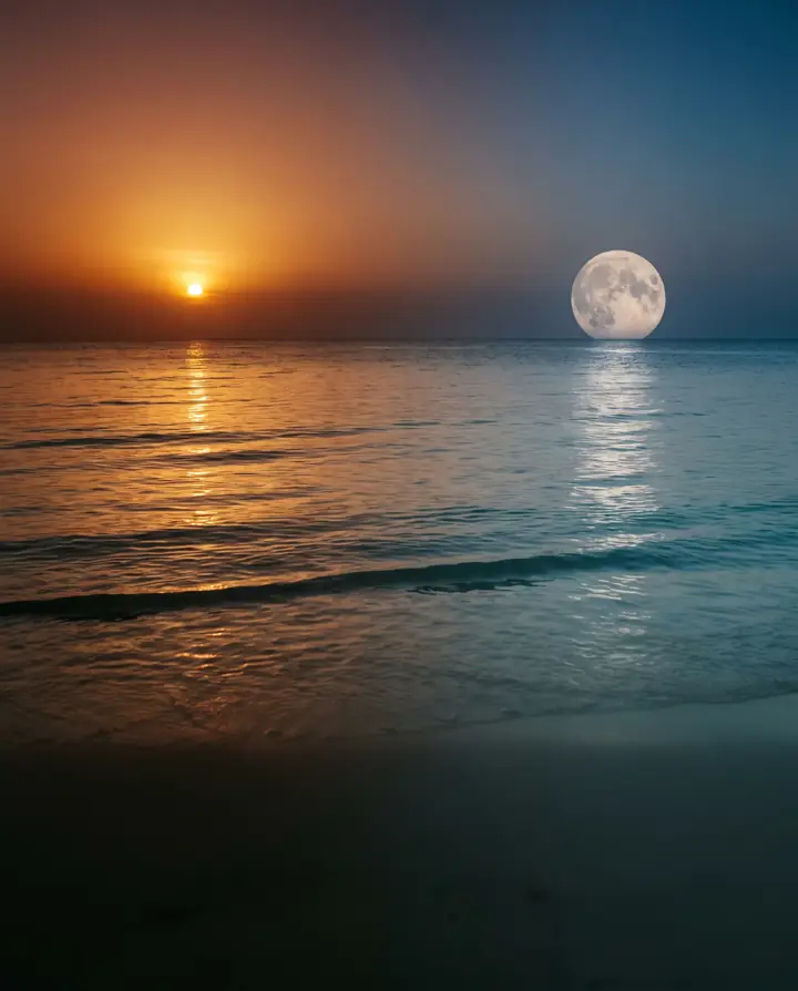 Atardecer sobre el mar: el sol a la izquierda y la luna llena saliendo a la derecha
